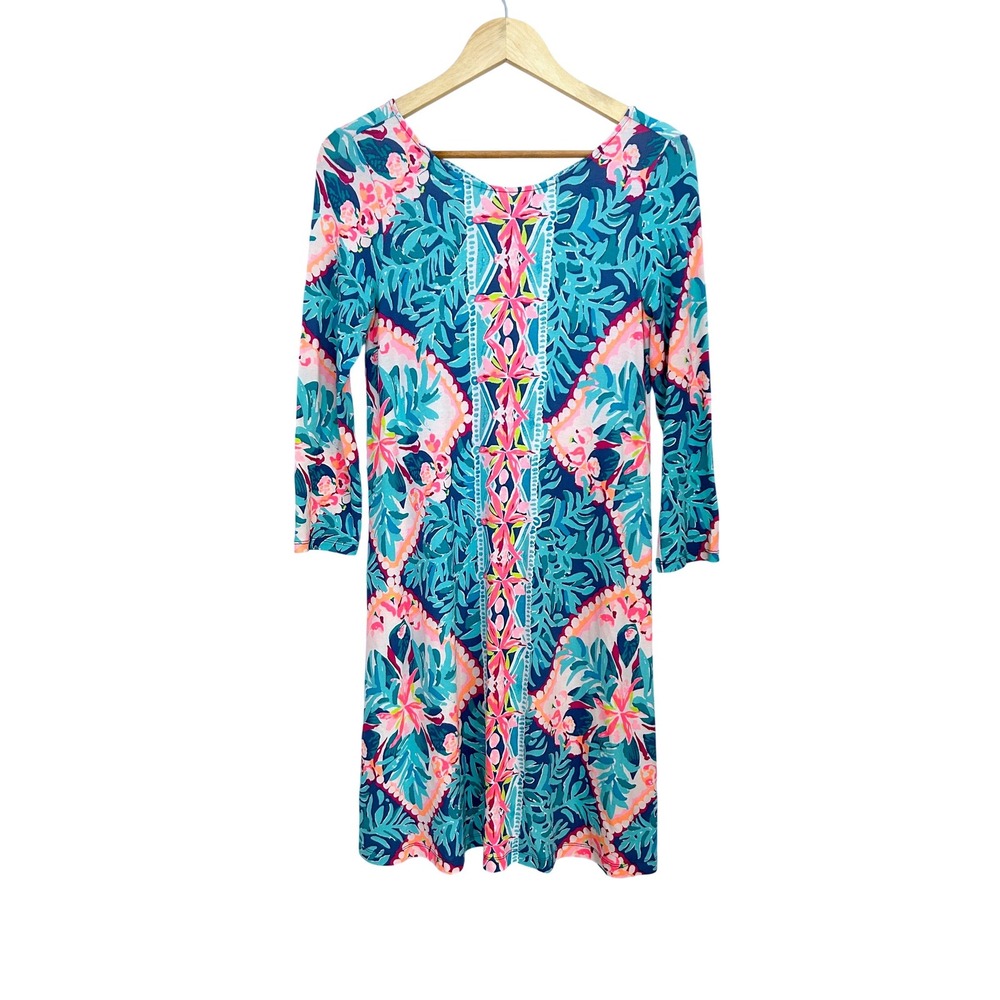 Lilly Pulitzer‎ Hollee Dress XS Blue Pink Tropical Floral Lattice Back 26164